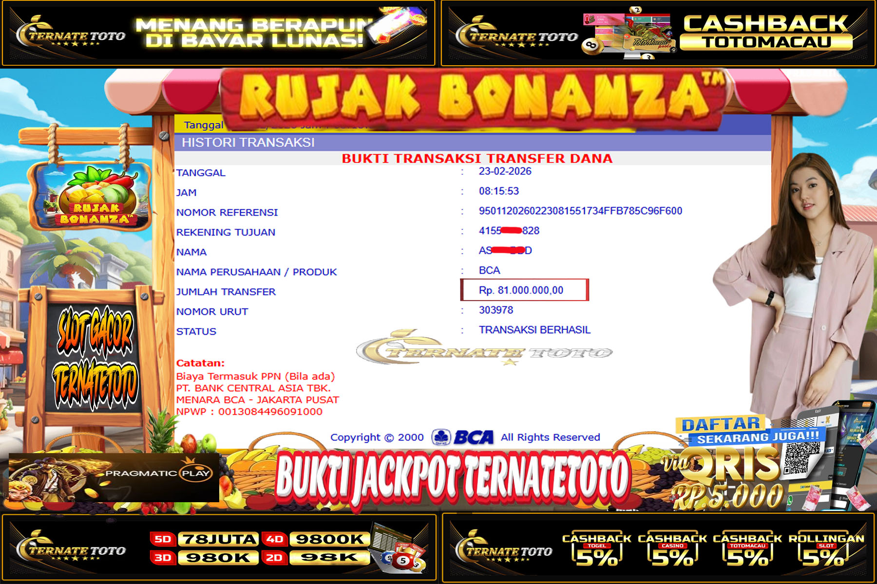 TERNATETOTO - RUJAK BONANZA PRAGMATIC Rp.81,000,000,-